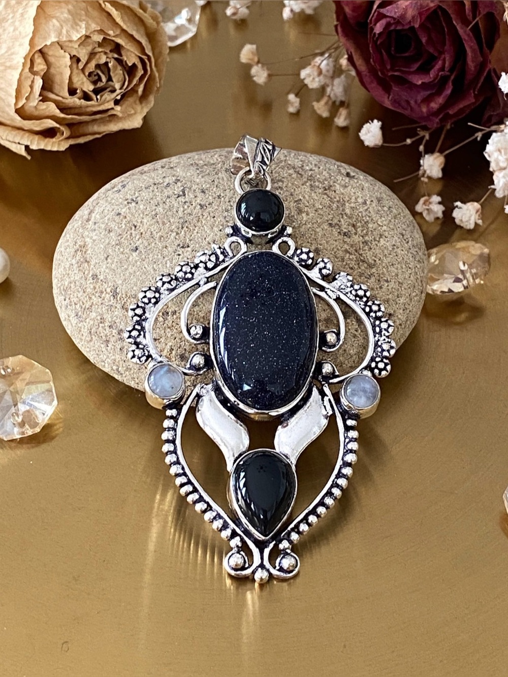 Blue Sunstone, Onyx And Moonstone Pendant